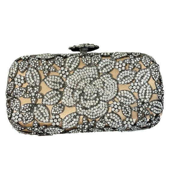 Tasha Crystal Embellished Evening Clutch Bag Floral Design and Chain Strap - Picture 5 of 8